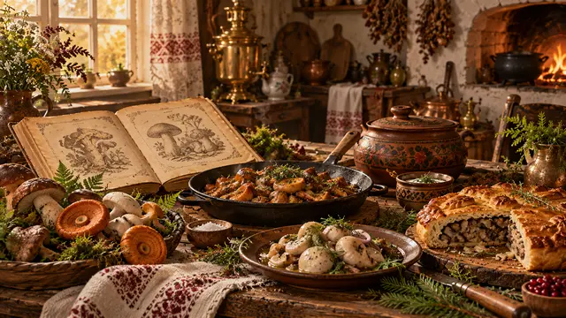 Жареные лесные грибы, грибной пирог и старинная поваренная книга
