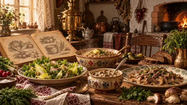 Салат-эскарол, каша, грибной соус и говядина с подливой