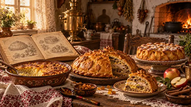 Курник, запечённые блюда и яблочная шарлотка на кухонном столе