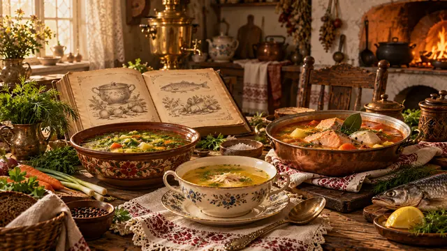 Куриный бульон, овощной суп и уха в традиционной посуде