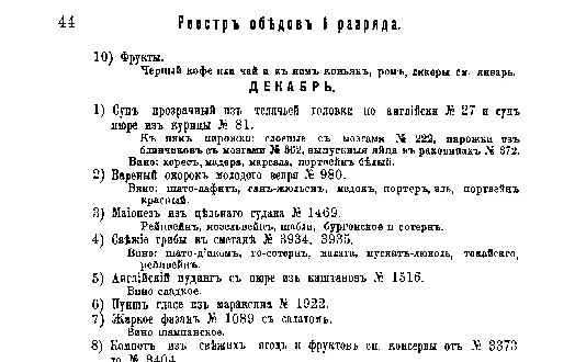 Фрагмент страницы издания 1901 года: Меню или реестр обедов 1-го разряда. Декабрь.