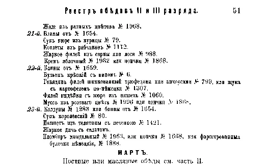 Фрагмент страницы издания 1901 года: Меню или реестр обедов II и III-го разряда. Март.