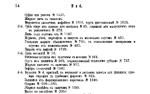 Фрагмент страницы издания 1901 года: Меню или реестр обедов II и III-го разряда. Май.