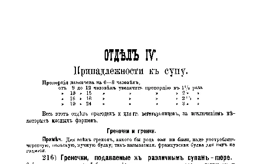 Фрагмент страницы издания 1901 года: ОТДЕЛ IV. Принадлежности к супу