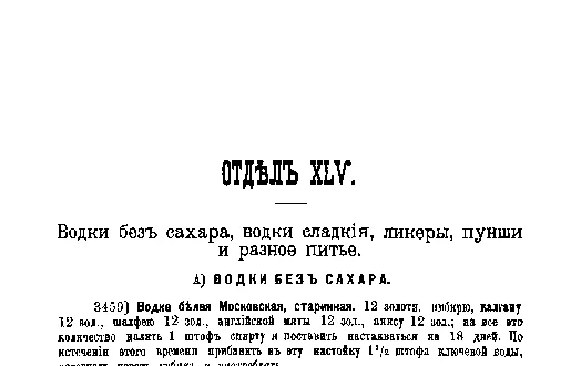 Фрагмент страницы издания 1901 года: ОТДЕЛ XLV. Водки, ликеры, пунши и питье