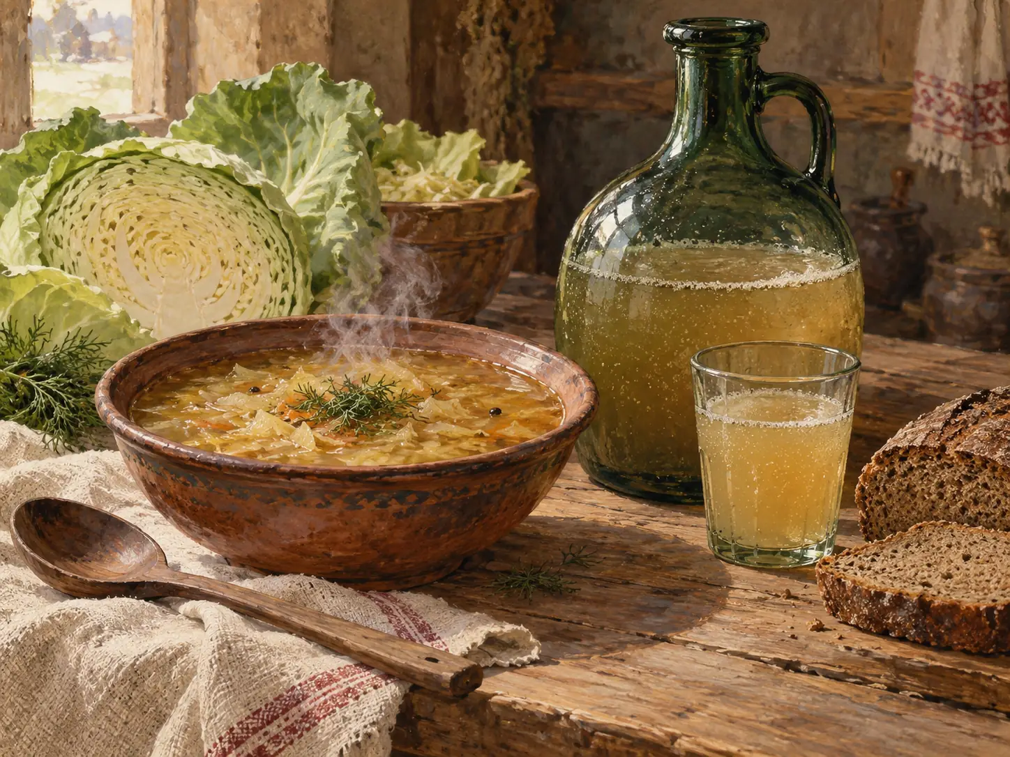 Капустные щи в глиняной миске, рядом стеклянная бутыль и стакан старинного напитка
