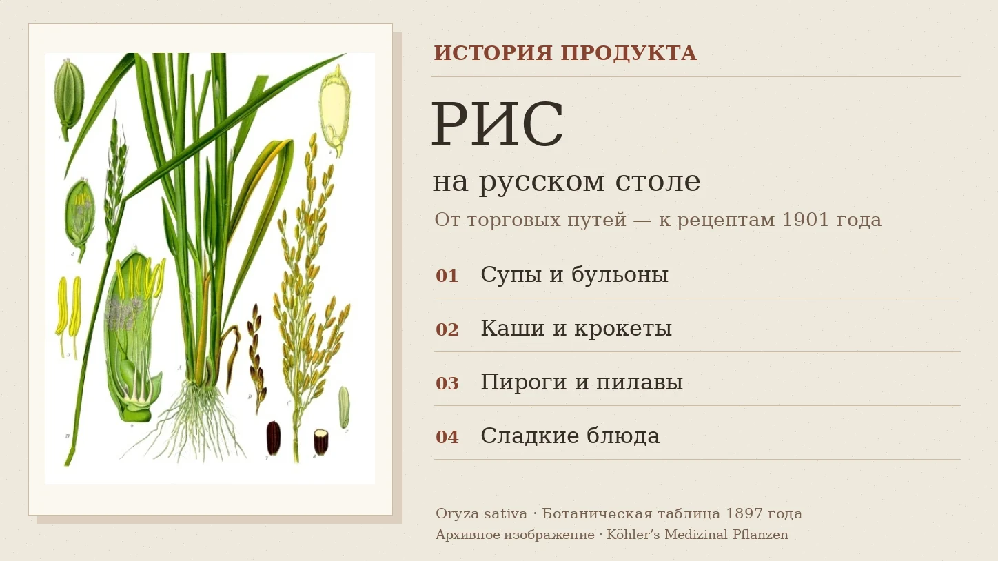 Редакционный разворот о рисе с ботанической таблицей Oryza sativa 1897 года