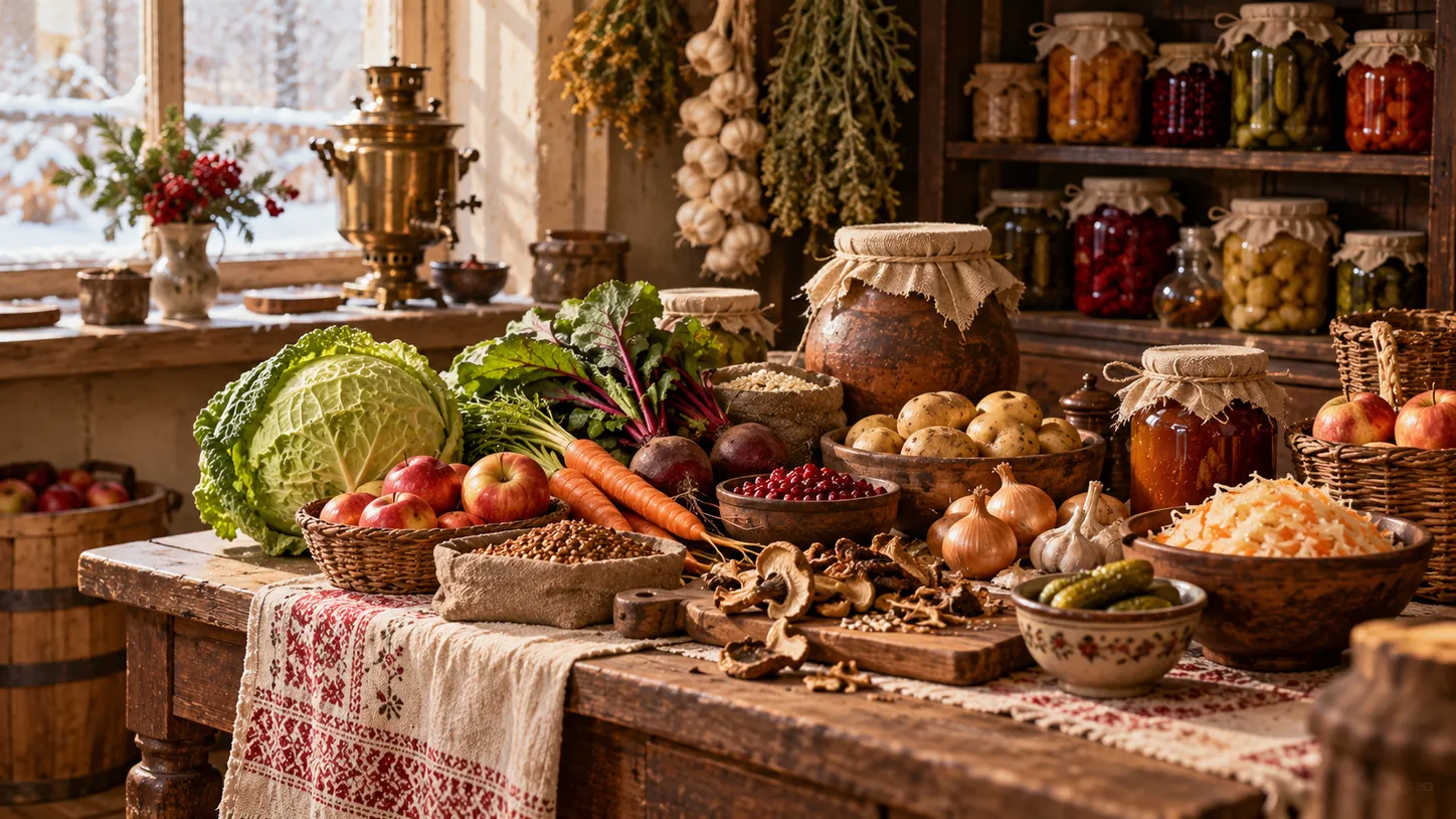 Зимний запас продуктов в старинной кладовой: яблоки, капуста, корнеплоды, сушёные грибы и банки с заготовками
