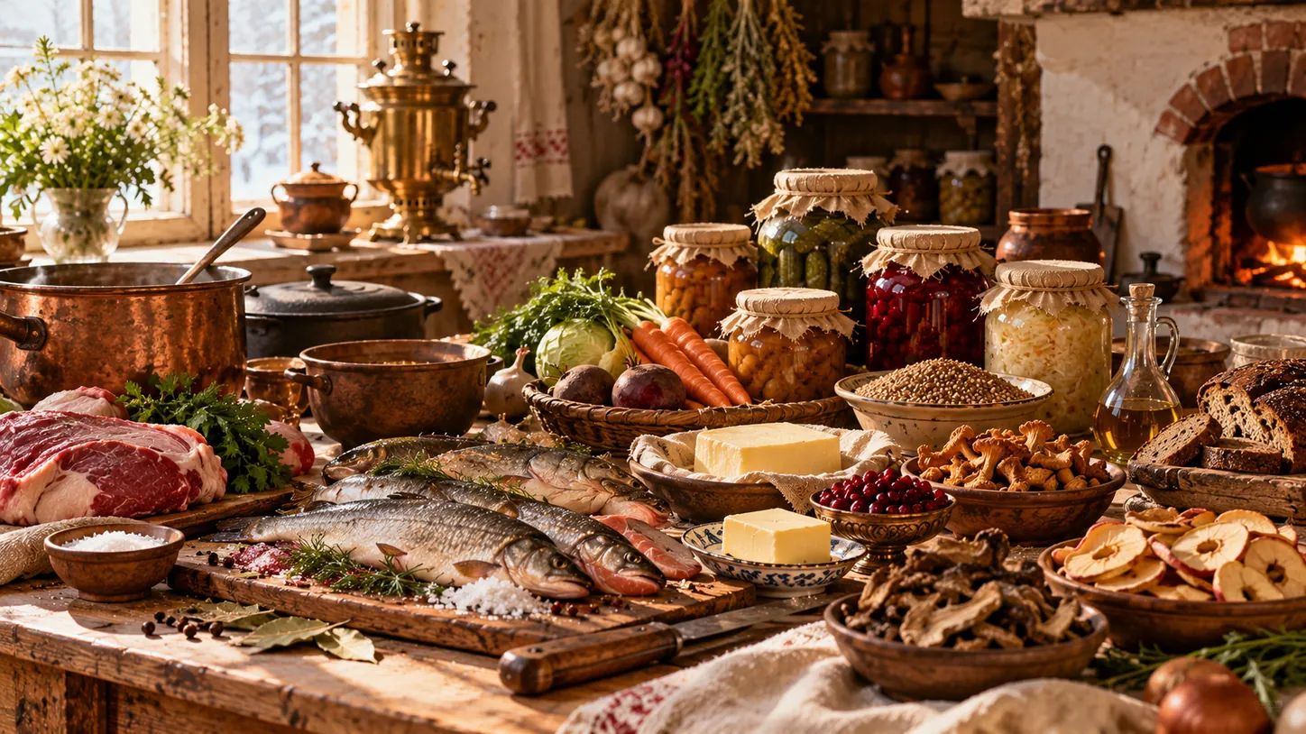 Натюрморт из рыбы, мяса, овощей и старинной кухонной утвари