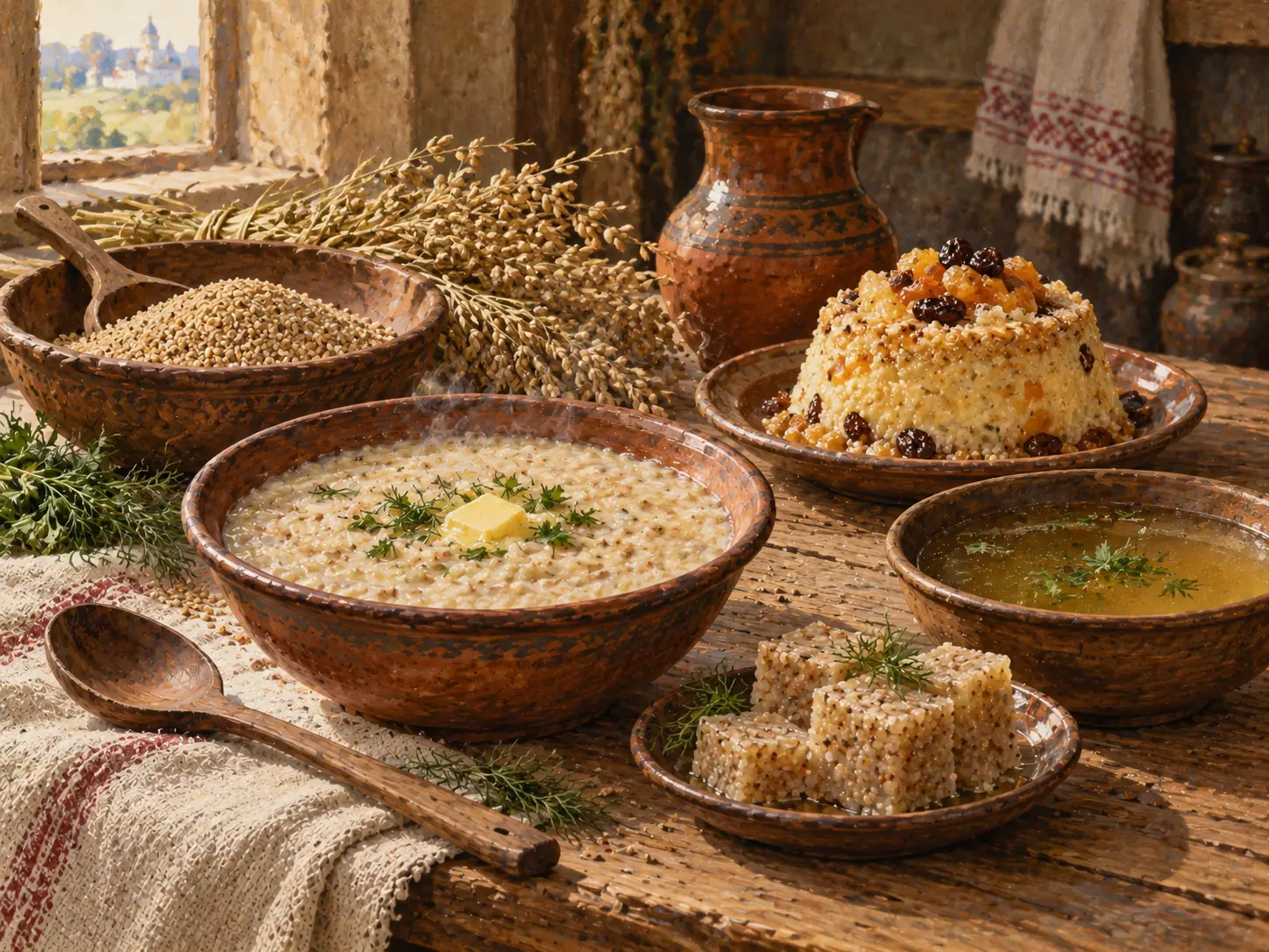 Старинные каши в глиняных мисках, крупа и колосья на кухонном столе
