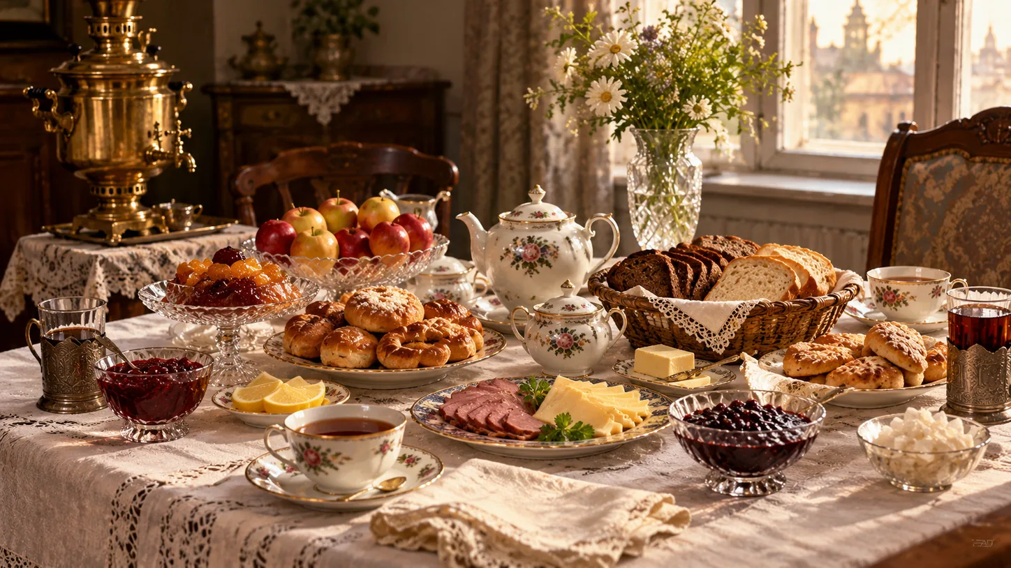 Русский чайный стол с самоваром, фарфоровыми чашками, хлебом, выпечкой, вареньем, фруктами и закусками
