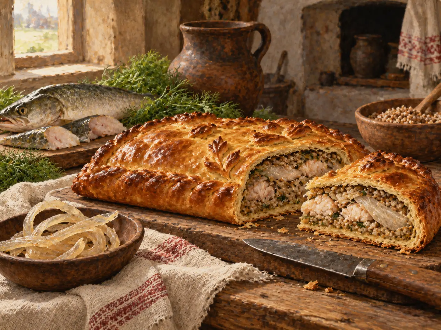 Разрезанный рыбный пирог с крупой и кусочками рыбы на деревянном столе