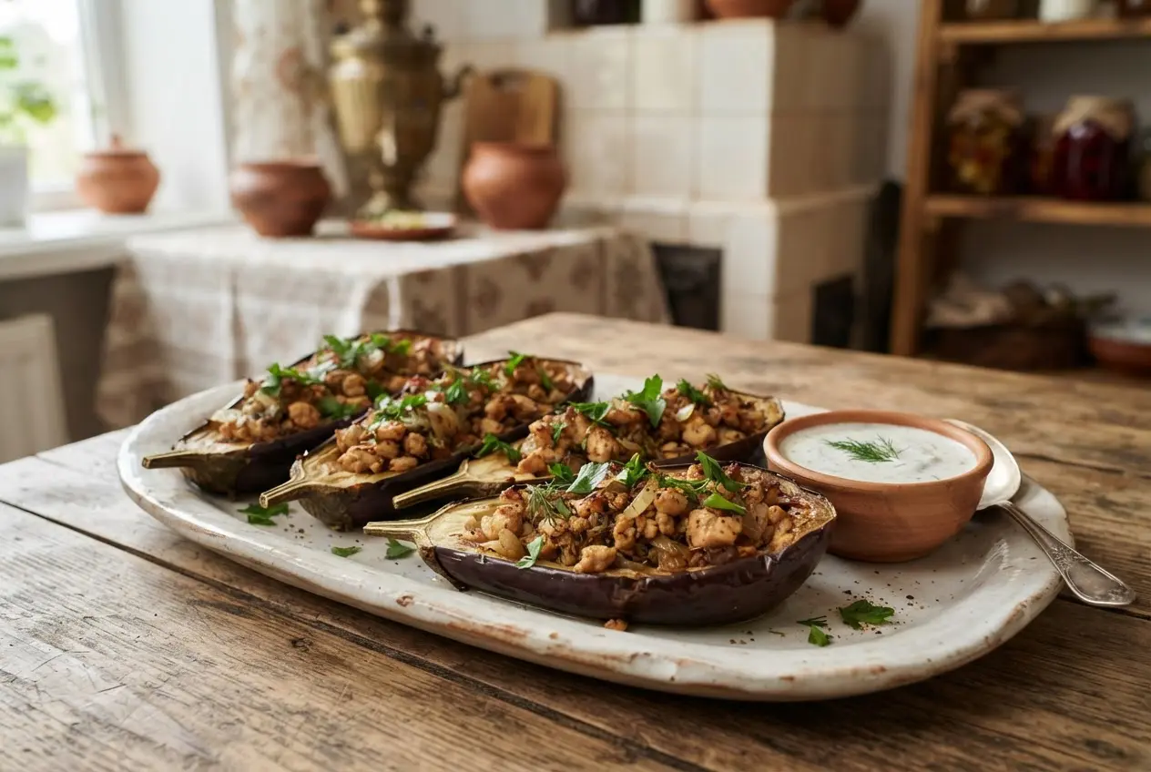 Баклажаны, фаршированные курицей и запечённые в духовке