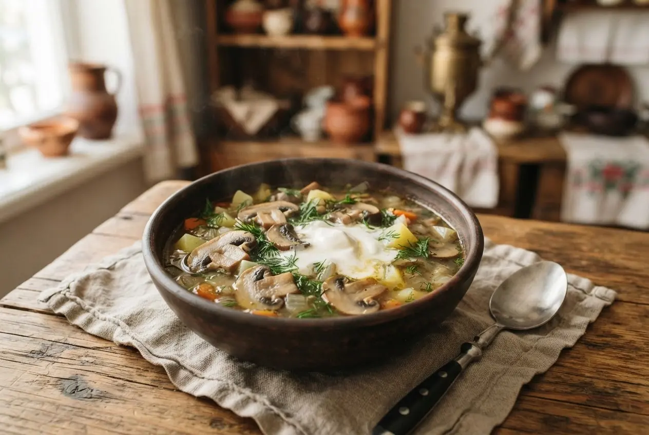 Грибной суп со сметаной и картофелем