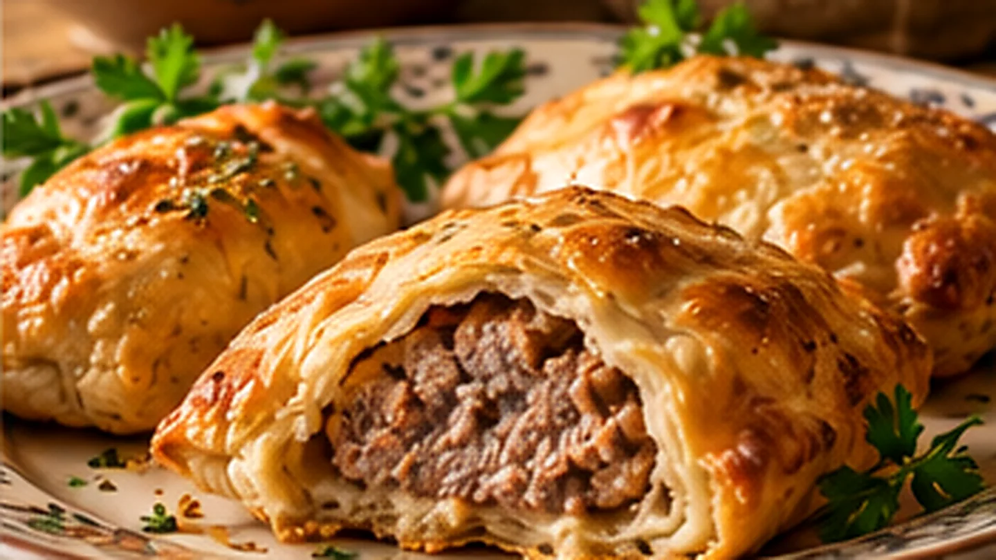 Художественная иллюстрация: Мясные котлеты, запечённые в слоёном тесте, одна разрезана