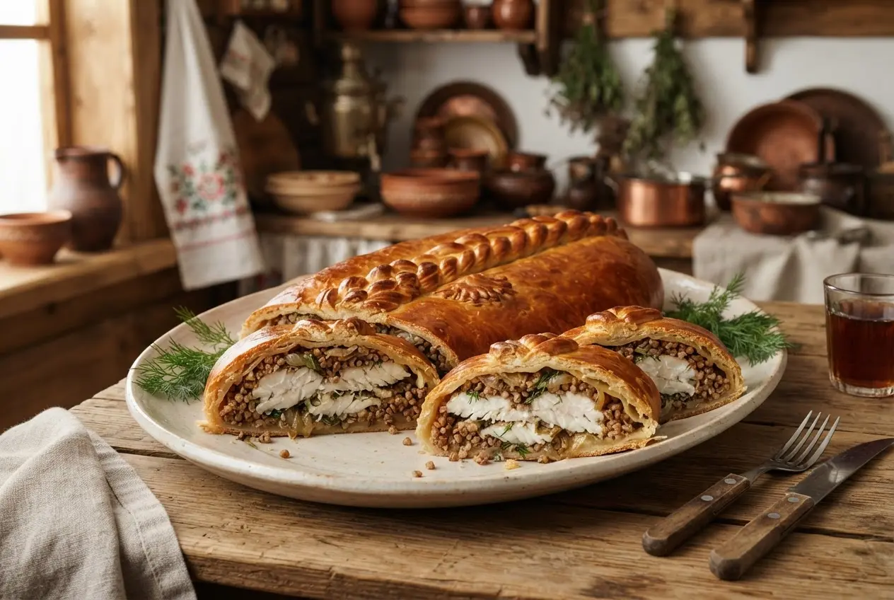 Рыбная кулебяка с гречкой и укропом