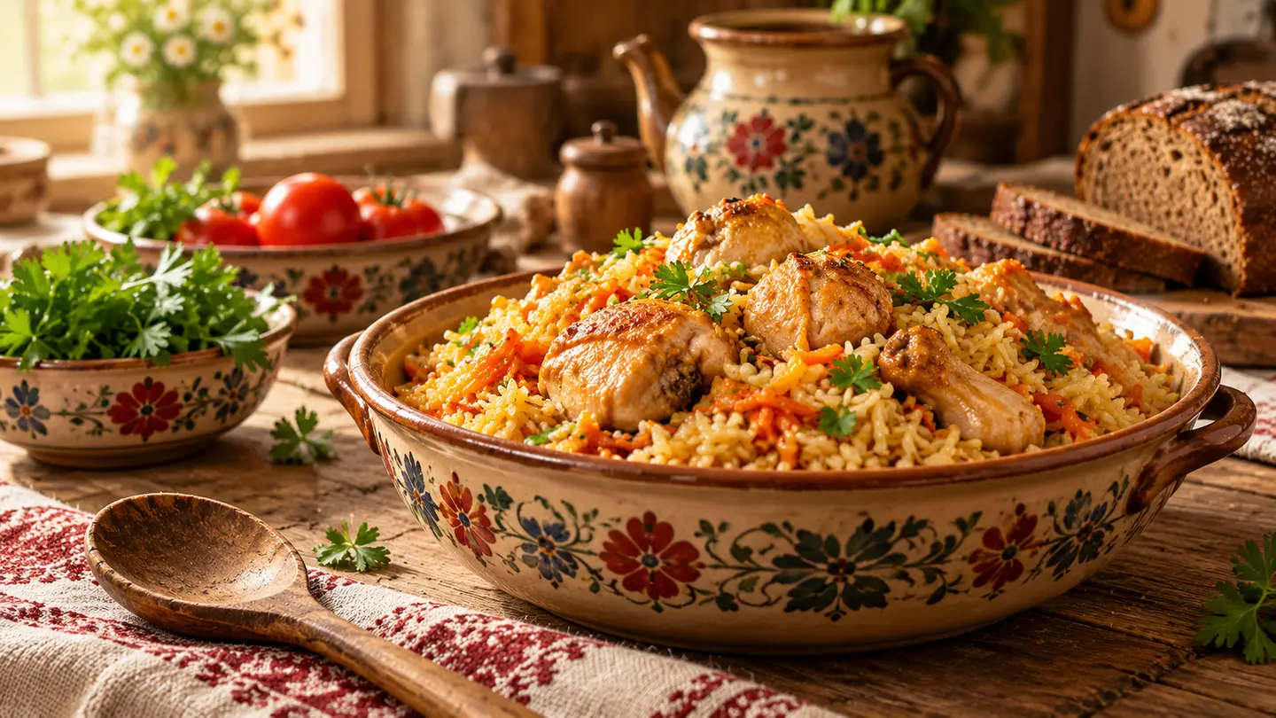 Художественная иллюстрация пилава с курицей и рисом