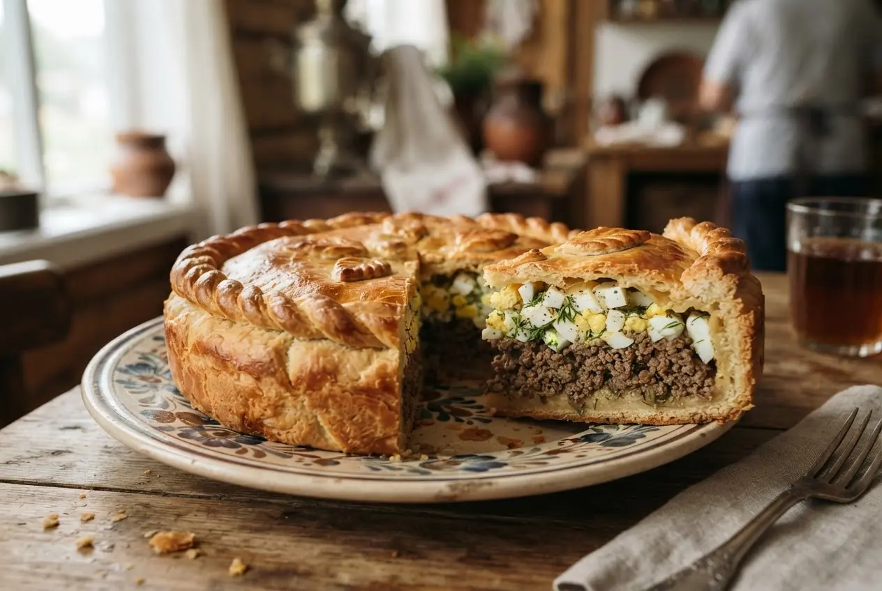 Пирог с мясом, варёными яйцами и зеленью