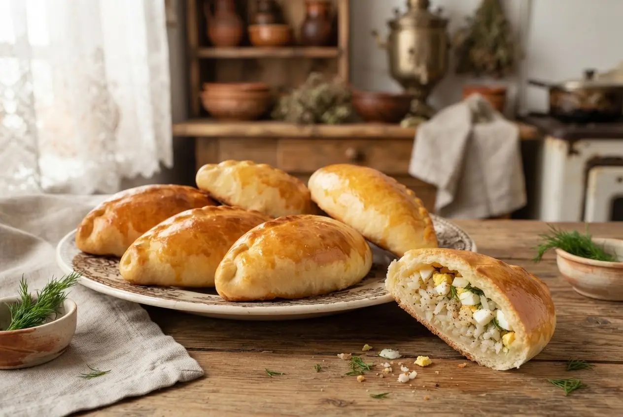 Печёные пирожки с рисом, яйцом и укропом
