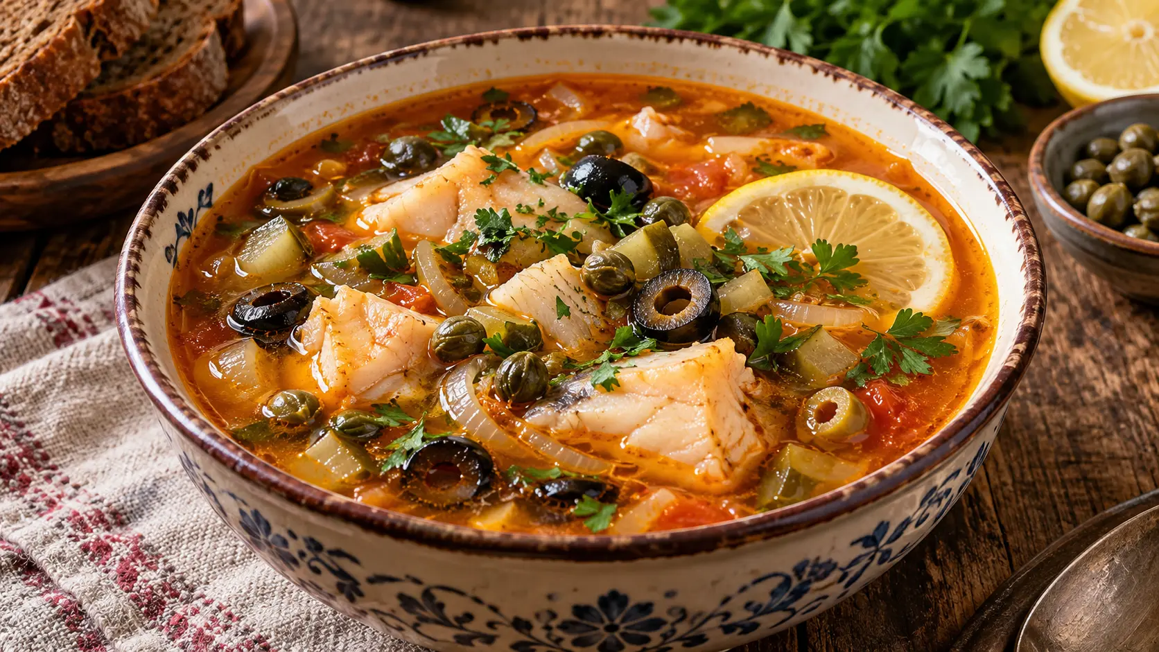 Рыбная солянка с огурцами, каперсами и оливками